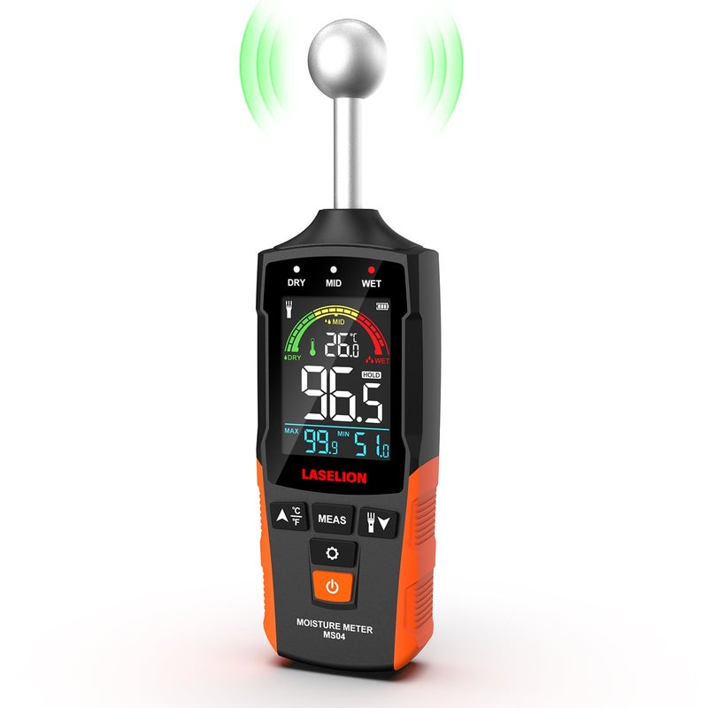 LASELION MS04 Pinless Moisture Meter with Ball Probe for Non-Destructive Area Scans Ideal for Wood Walls and Construction Materials Customizable Humidity Alarms Built-in Flashlight - Image 1